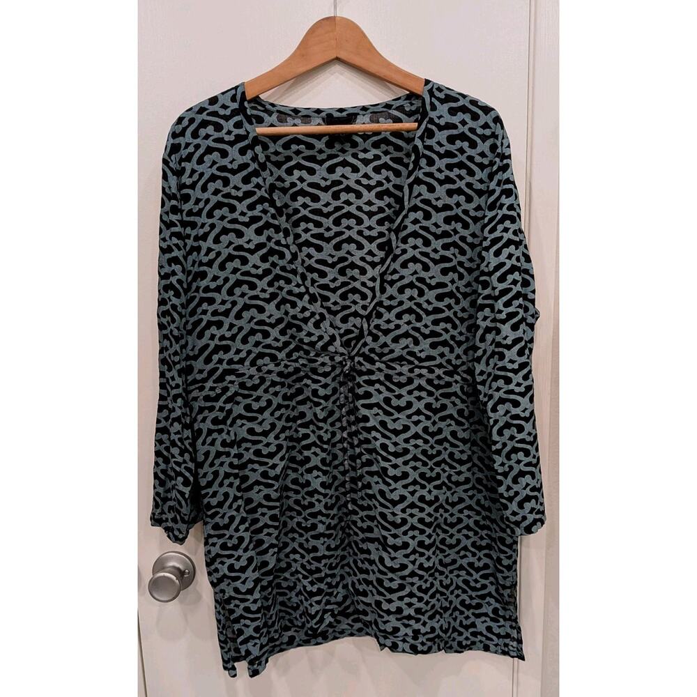 ME Mary Ellen Tunic Top Large Blue Black Scroll Print Artsy